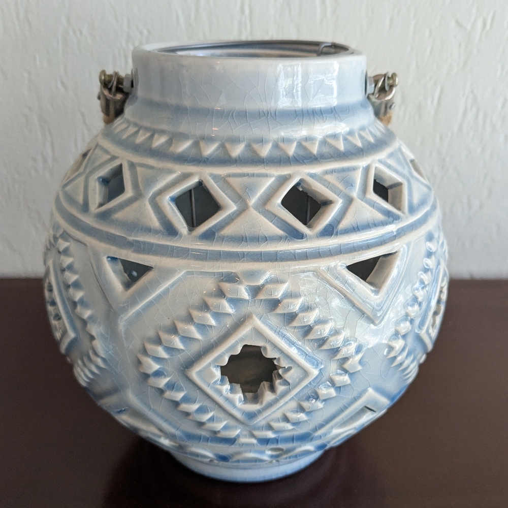 Blue Geometric Ceramic Lantern - Candle Holder Native American Design spring